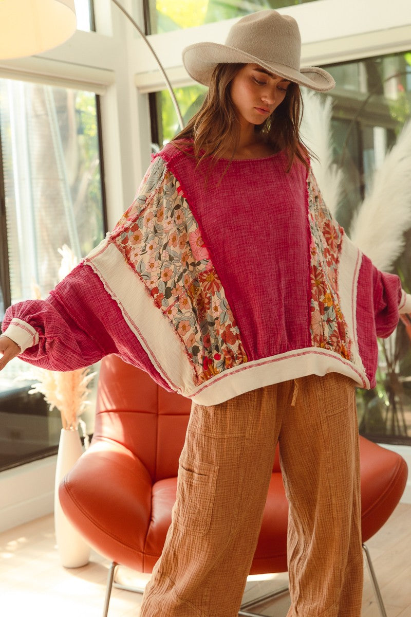 Mineral Washed Floral and Gauze Mixed top
