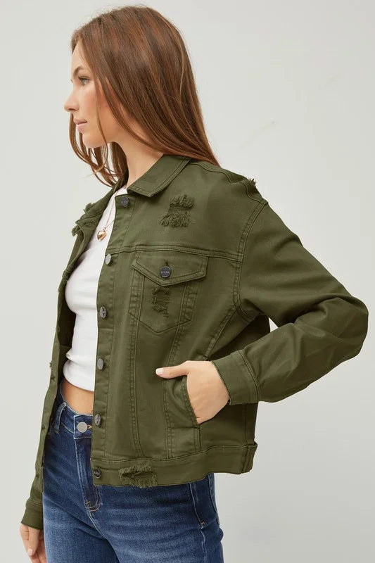 Risen Jean Boyfriend Fit Denim Olive Jacket
