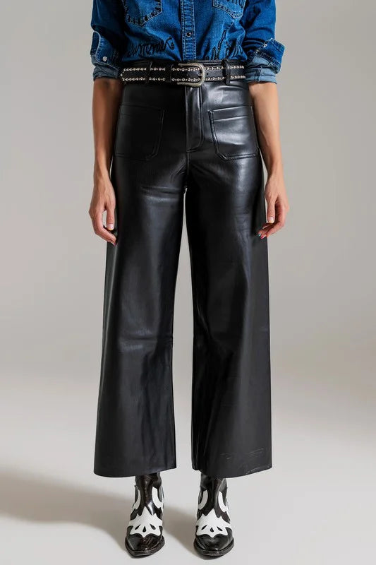 BLACK PALAZZO-STYLE FAUX LEATHER PANTS