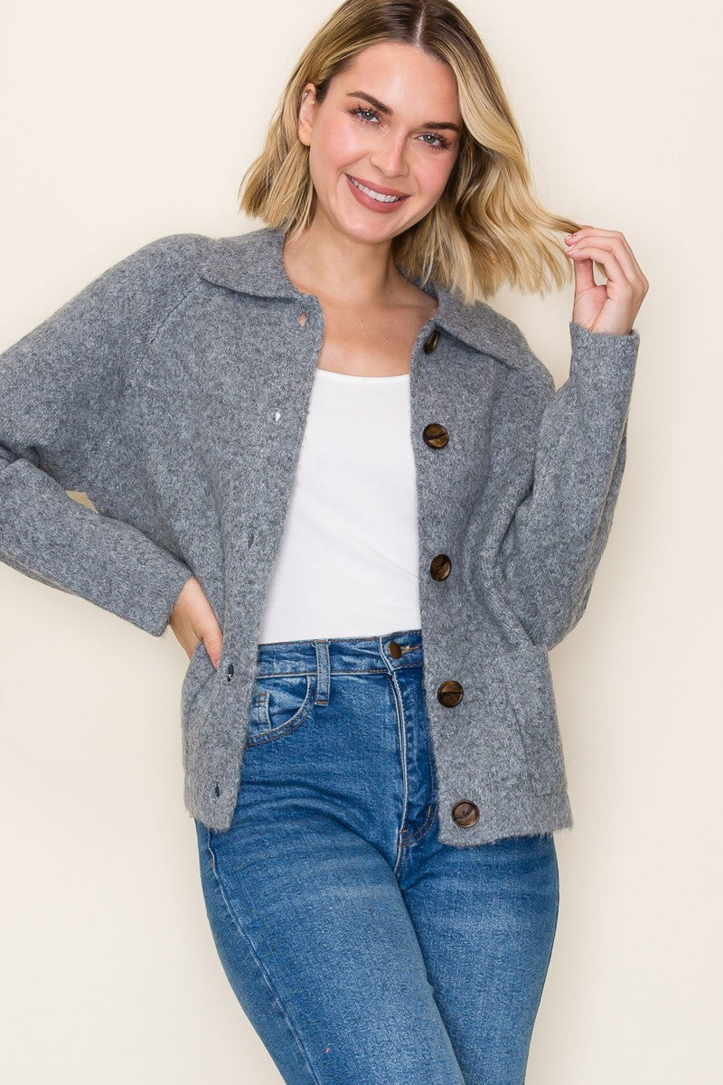Collared Button Down Sweater Jacket