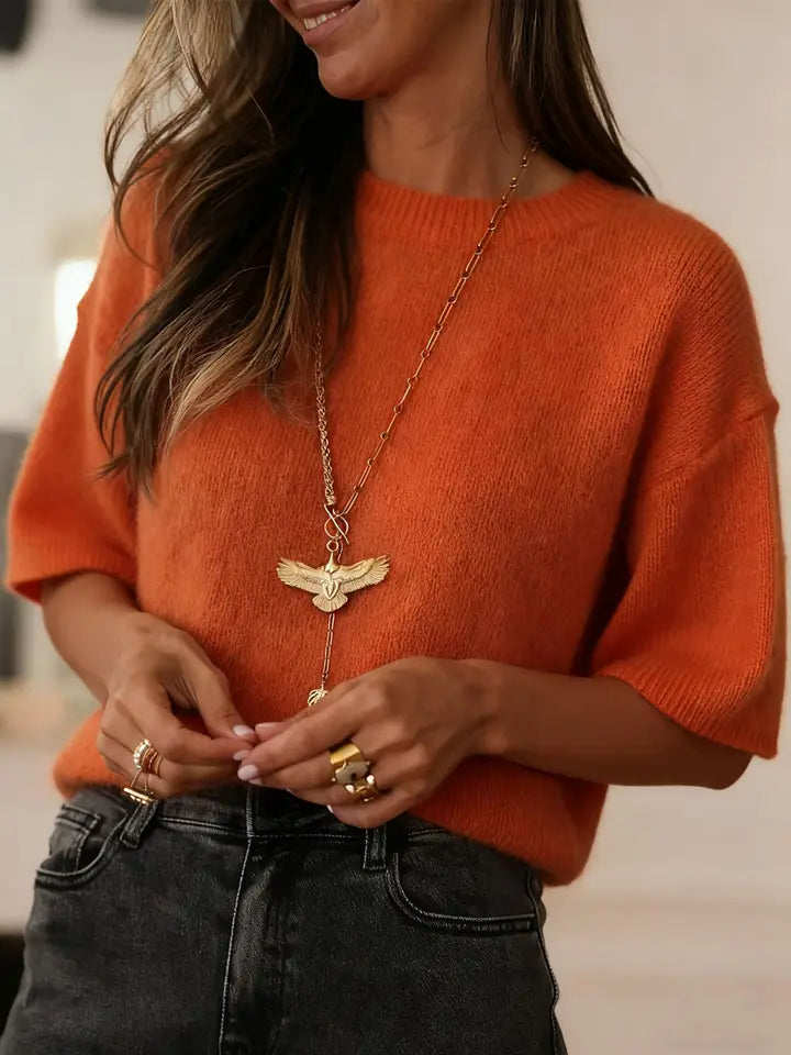 Round Neck Loose Knit Short Sleeved