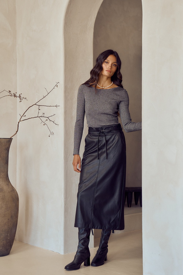 Great Escape Waist Tie Leather Midi Skirt