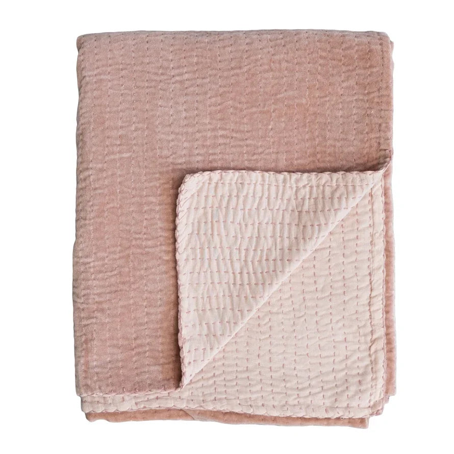 Cotton Velvet Throw w/ Kantha Stitch - Blush
