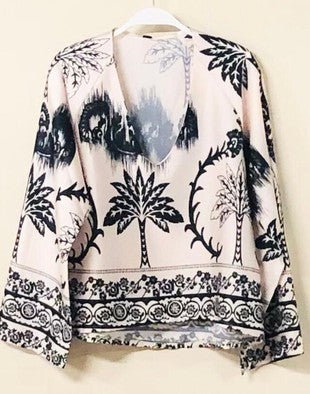 DATE PALM PRINT WIDE SLEEVE V NECK TUNIC