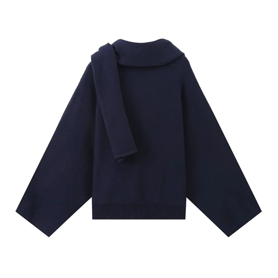 Loose Navy Slouchy Sweater With Attached Scarf