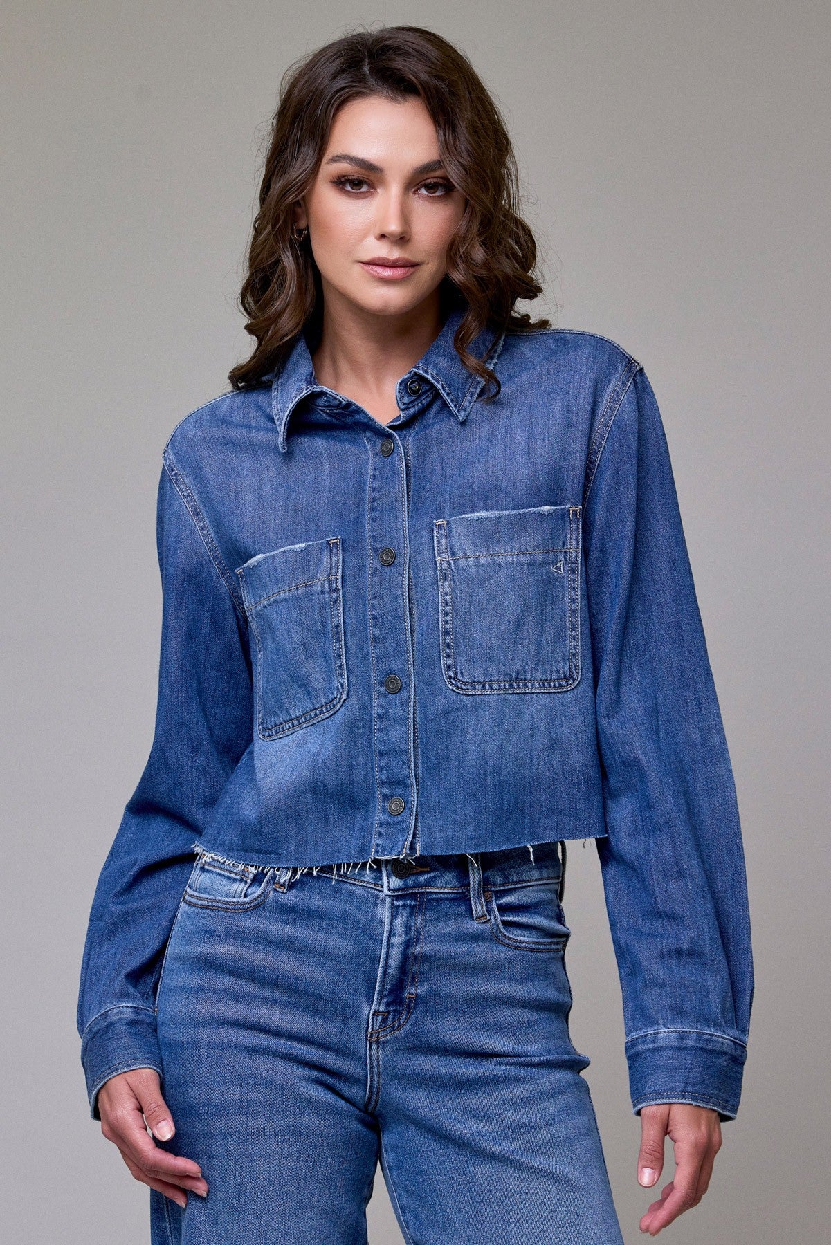 Hidden Medium Wash Cropped Denim Shirt
