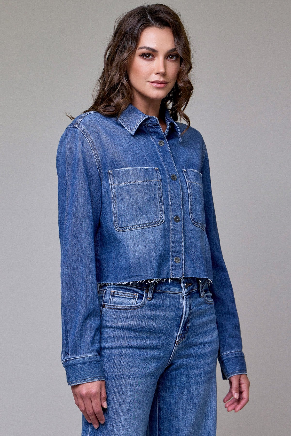 Hidden Medium Wash Cropped Denim Shirt