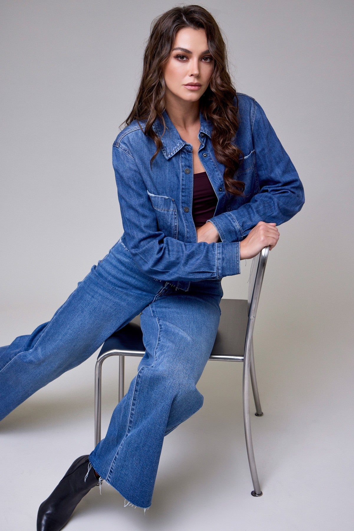 Hidden Medium Wash Cropped Denim Shirt
