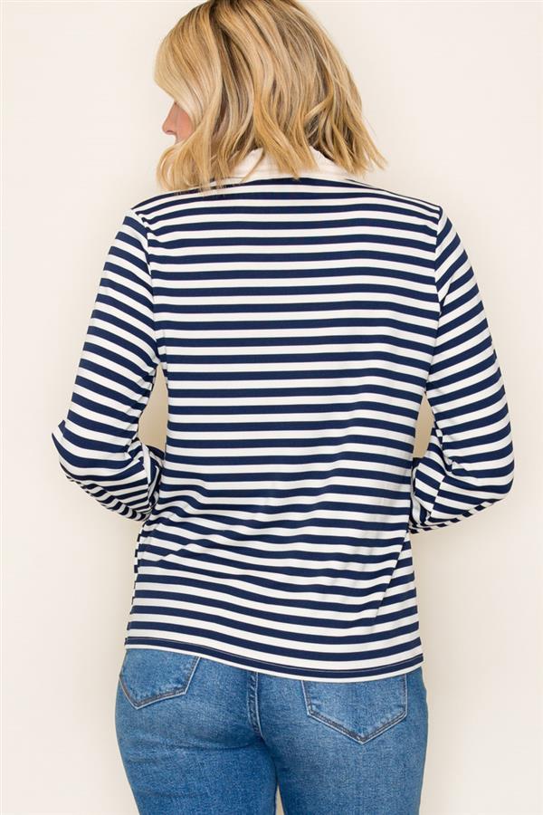 Ruffle Collar Half Button Striped Top