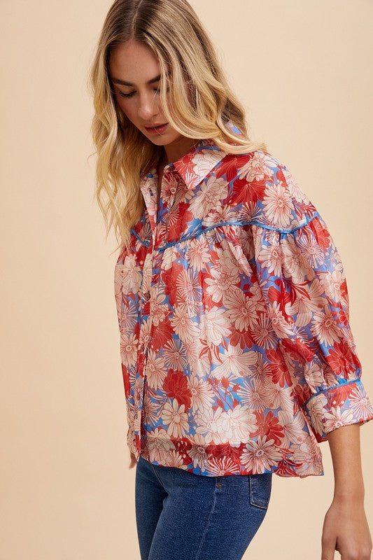 Floral Piping Detail Blouse Woven Top