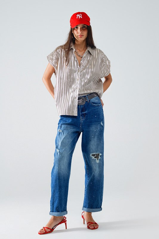 Q2 Straight Distressed Patch Jeans With Splattered Paint