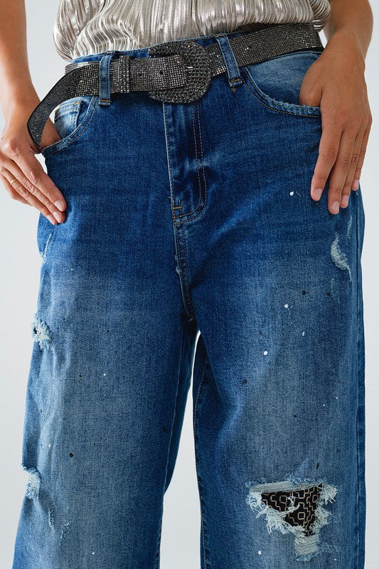 Q2 Straight Distressed Patch Jeans With Splattered Paint