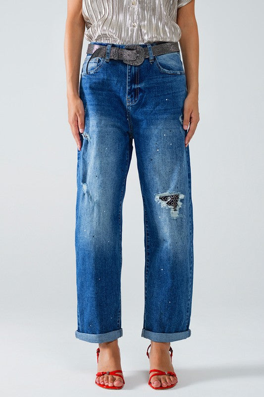 Q2 Straight Distressed Patch Jeans With Splattered Paint