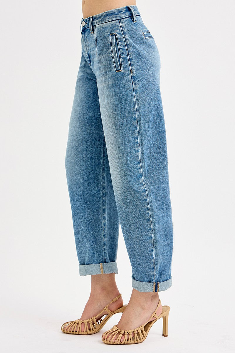 Risen Mid Rise Barrel Roll Up Jeans
