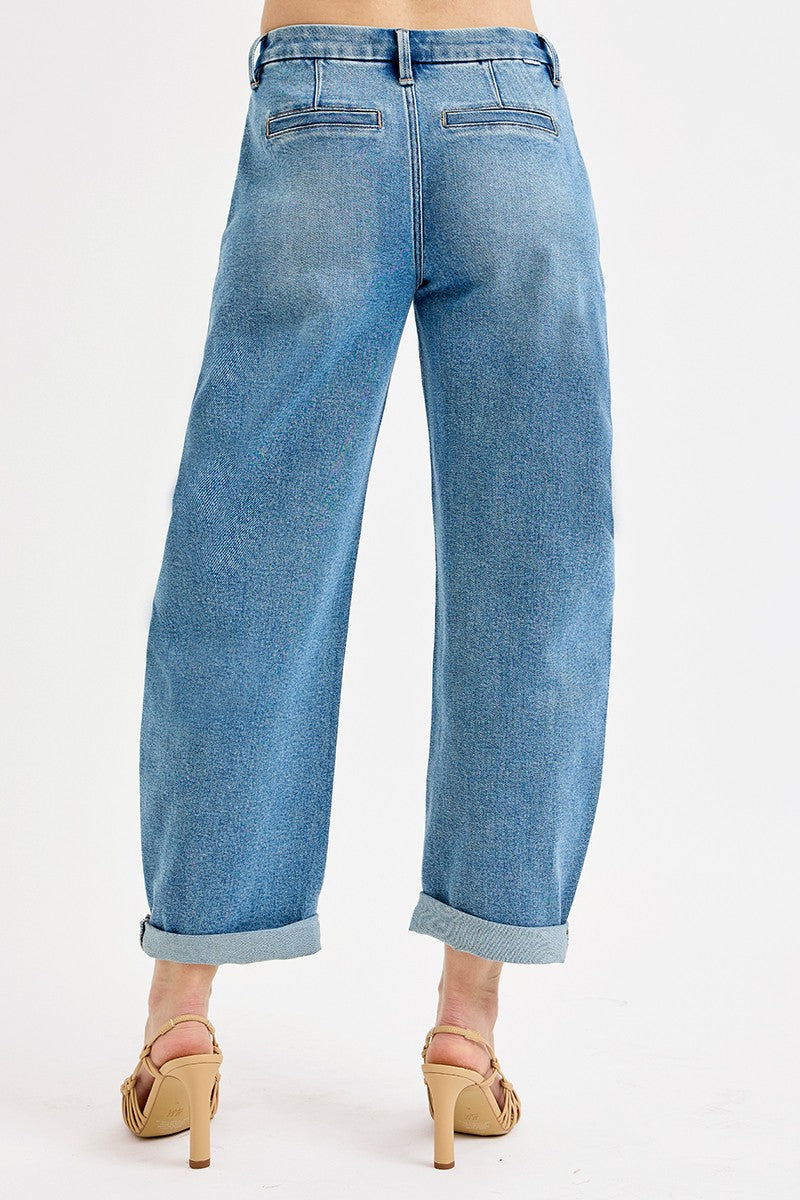 Risen Mid Rise Barrel Roll Up Jeans