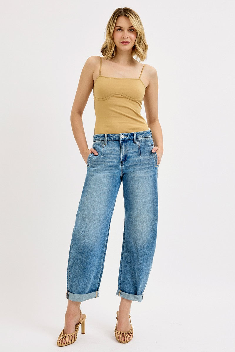 Risen Mid Rise Barrel Roll Up Jeans