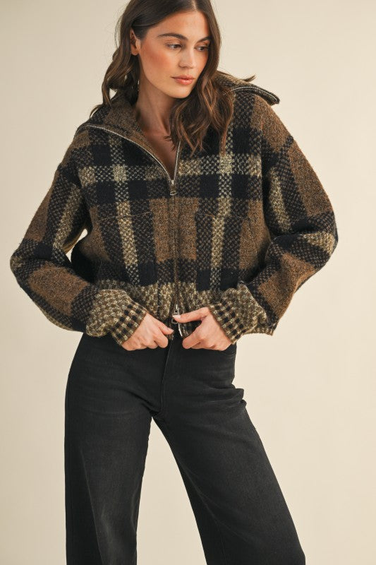 CHECKERED FUZZY SWEATER JACKET