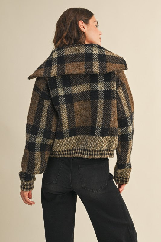 CHECKERED FUZZY SWEATER JACKET