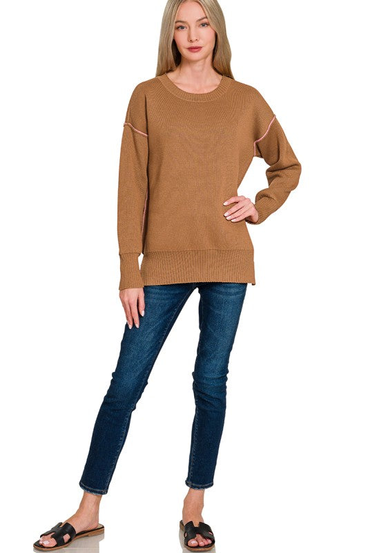 Reverse Stitching Round Neck Contrast Sweater