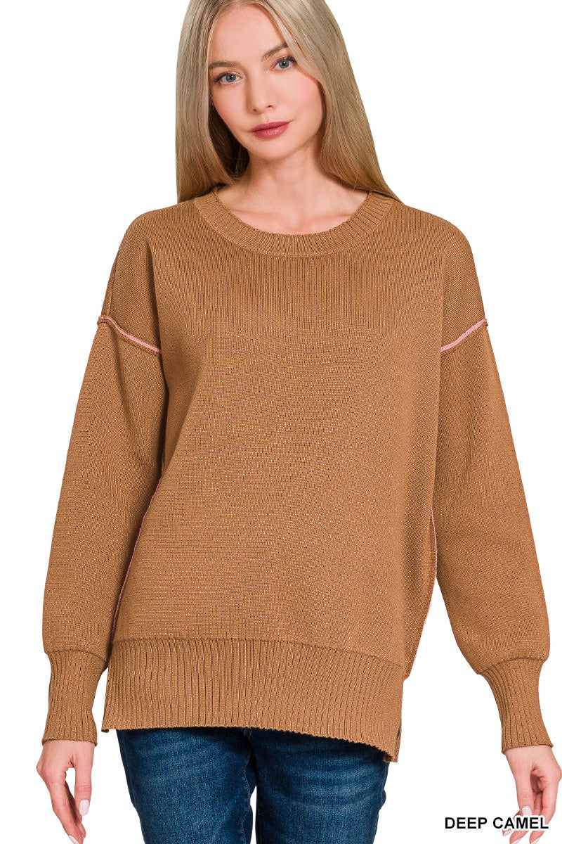 Reverse Stitching Round Neck Contrast Sweater