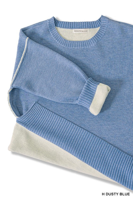 Reverse Stitching Round Neck Contrast Sweater