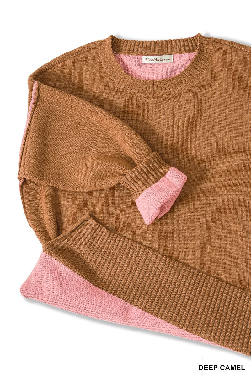 Reverse Stitching Round Neck Contrast Sweater