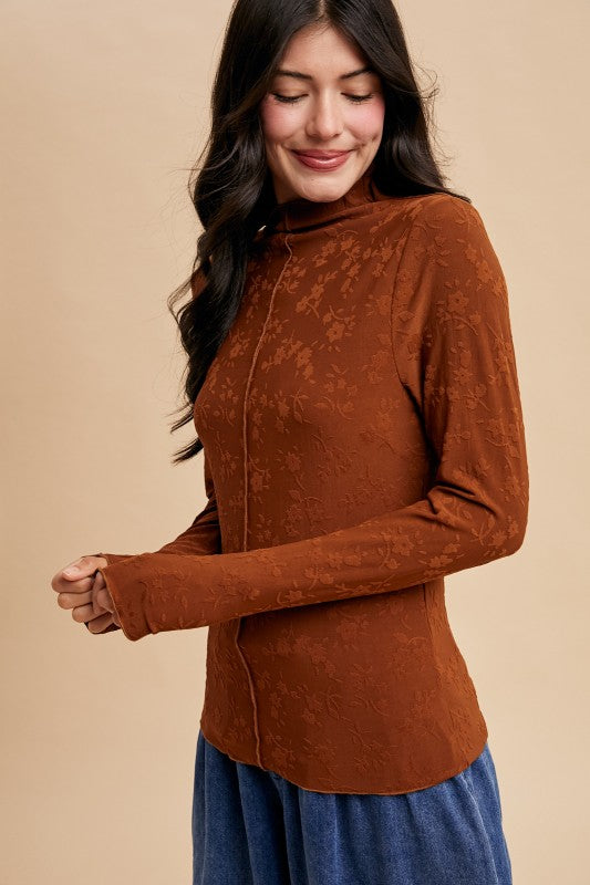 Floral Textured Knit Mock Neck Top