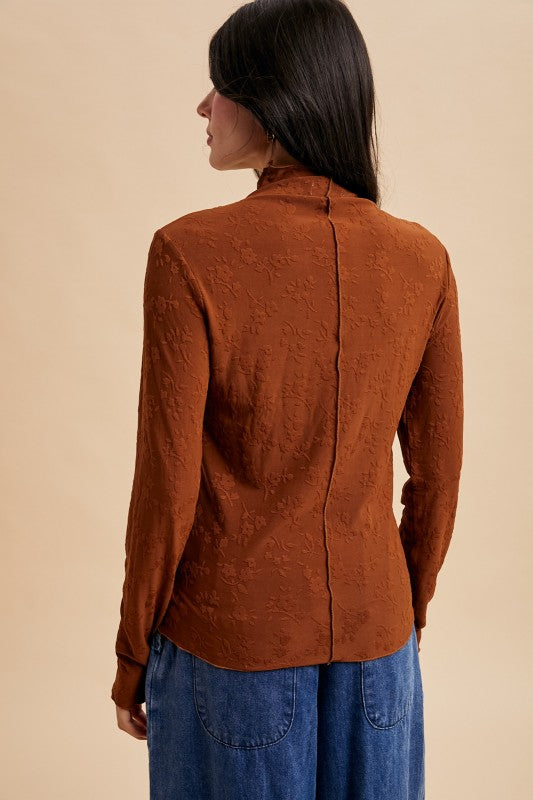 Floral Textured Knit Mock Neck Top