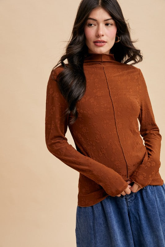 Floral Textured Knit Mock Neck Top