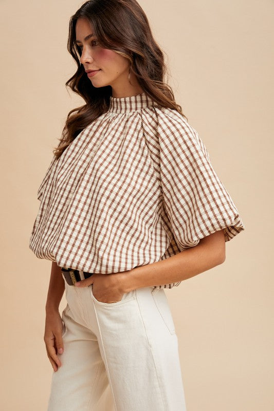 Checker Back Bow Detail Bubble Blouse