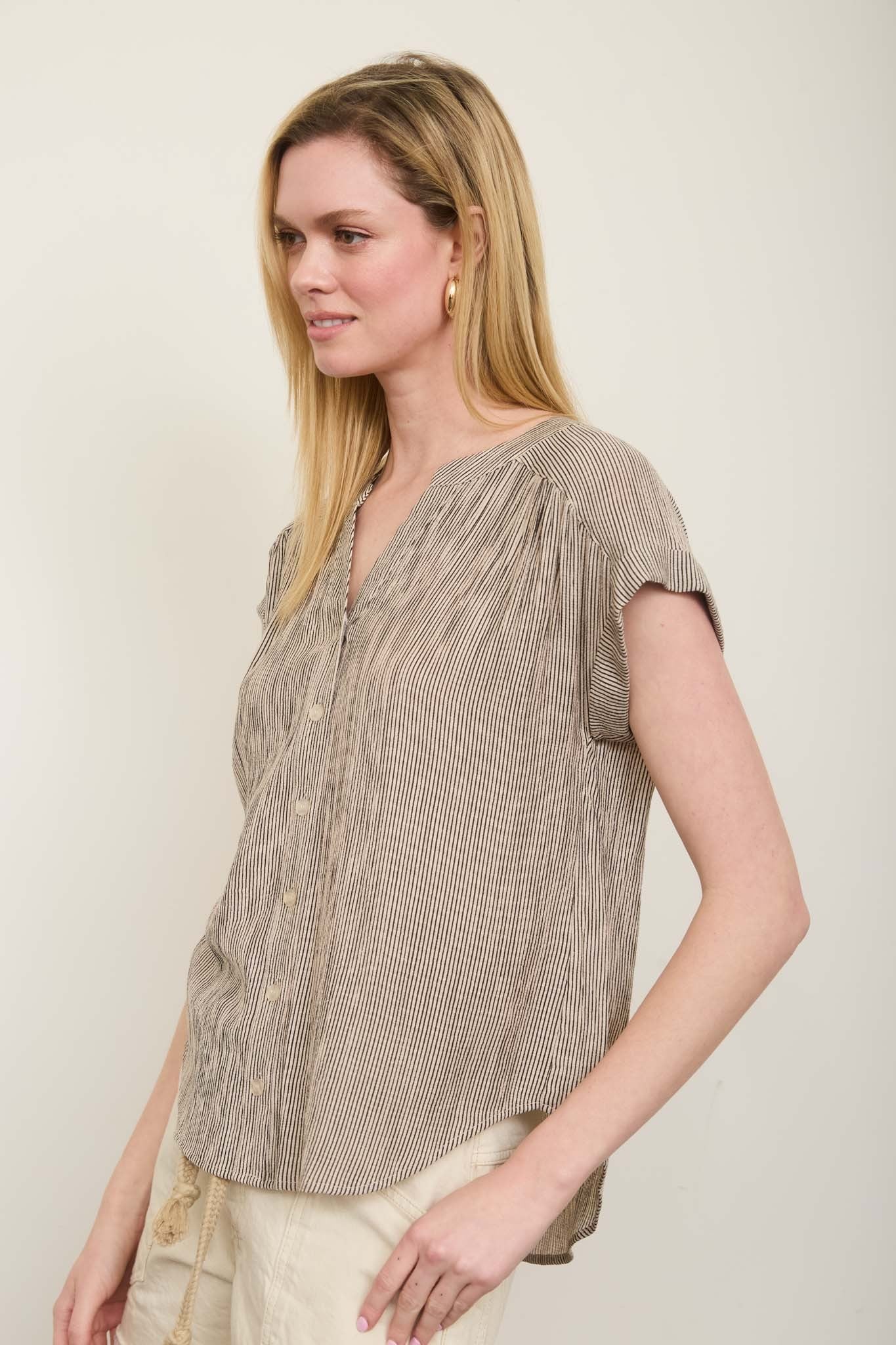 Pinstripe Short Cuff Sleeve Button Down Shirt