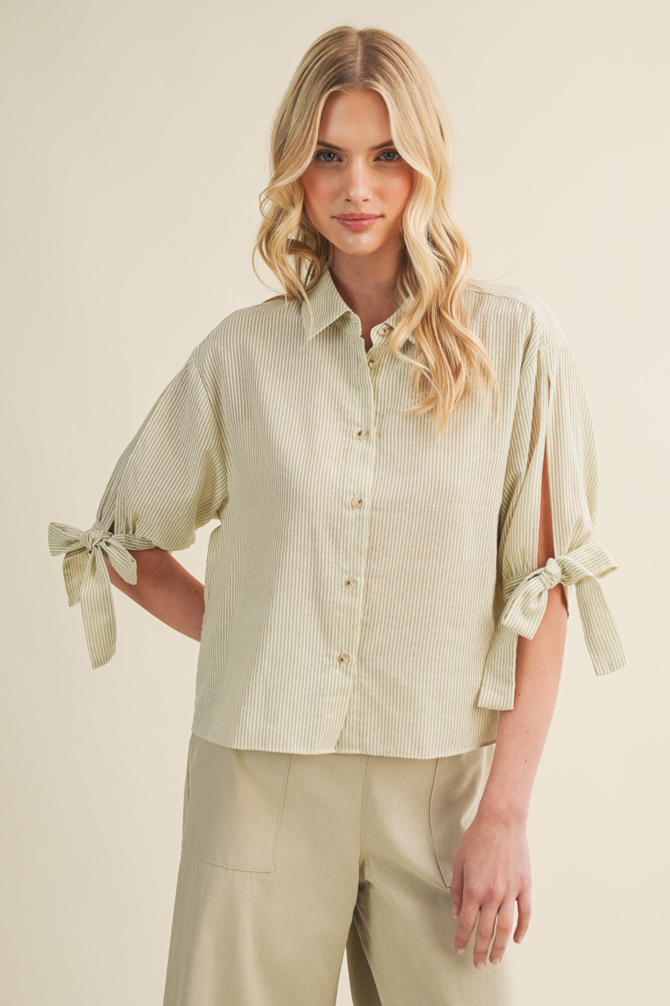 Striped Tie-cuff Button Front Top