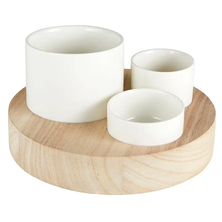 Serve It Up Trio Ceramic Bowls With Wood Base