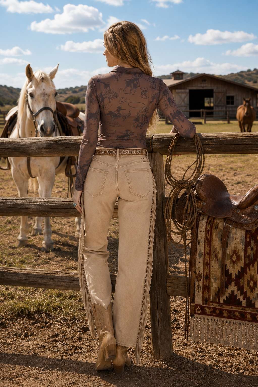 Cowgirl Print Mesh Mock Neck Top