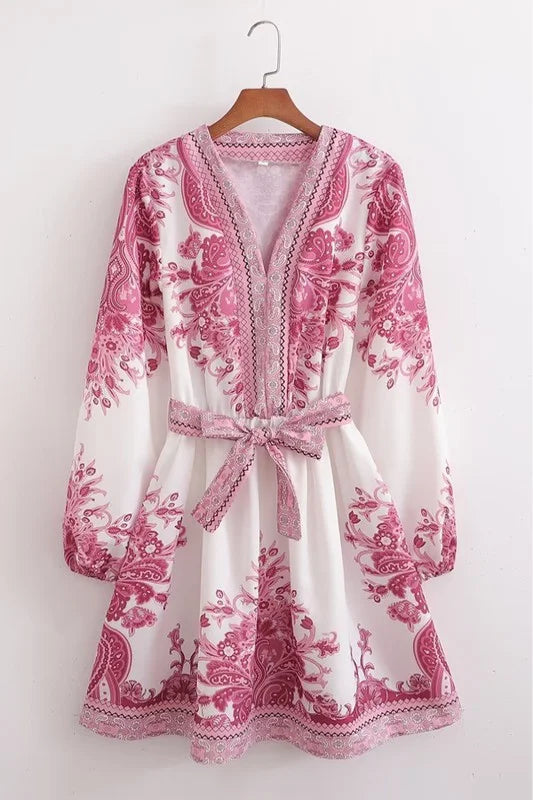 Paisley Print Long Sleeve V-Neck Belted Dress