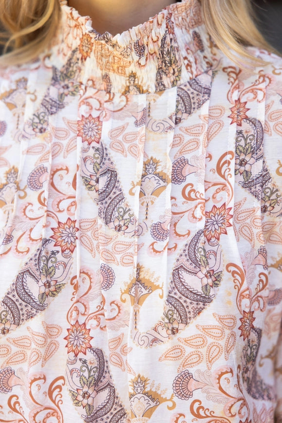 Smocked Mock neck Pintuck Paisley Top