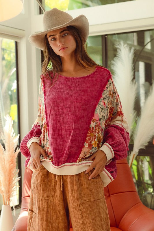 Mineral Washed Floral and Gauze Mixed top