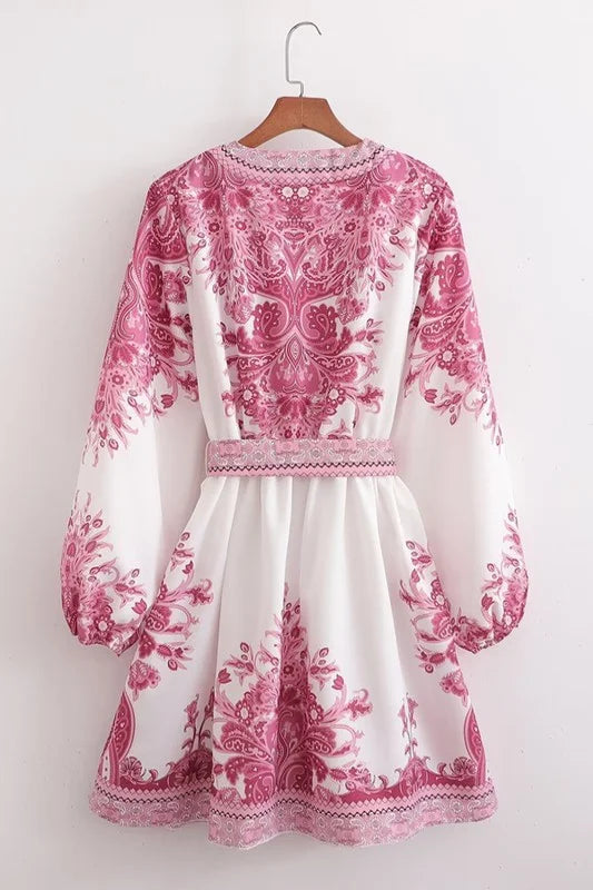 Paisley Print Long Sleeve V-Neck Belted Dress