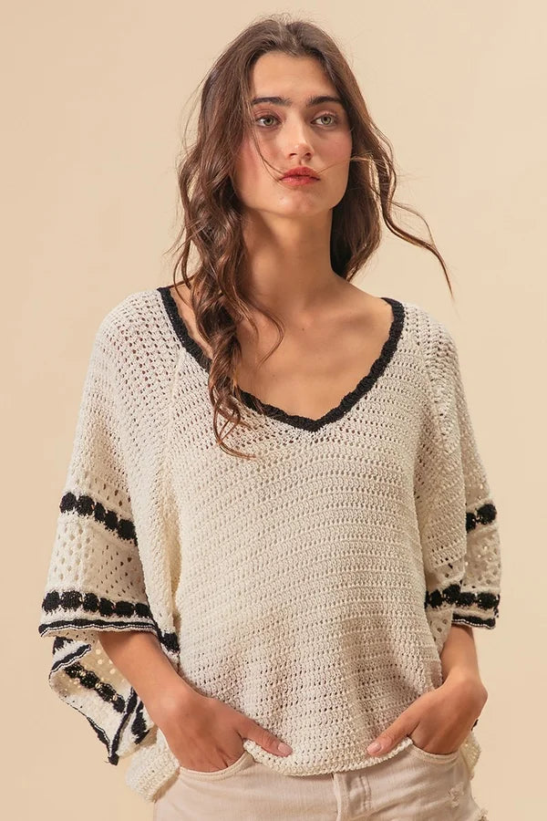Edge Contrast Pointelle Sweater - XL ONLY