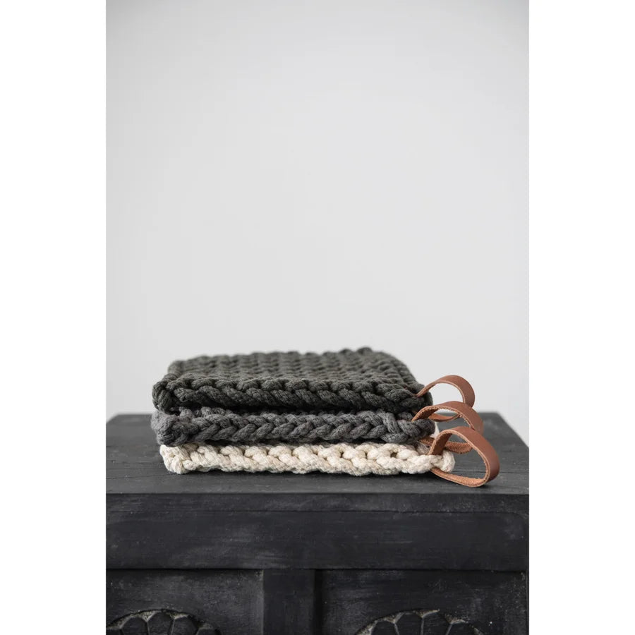 Crocheted Pot Holder With Leather Loop