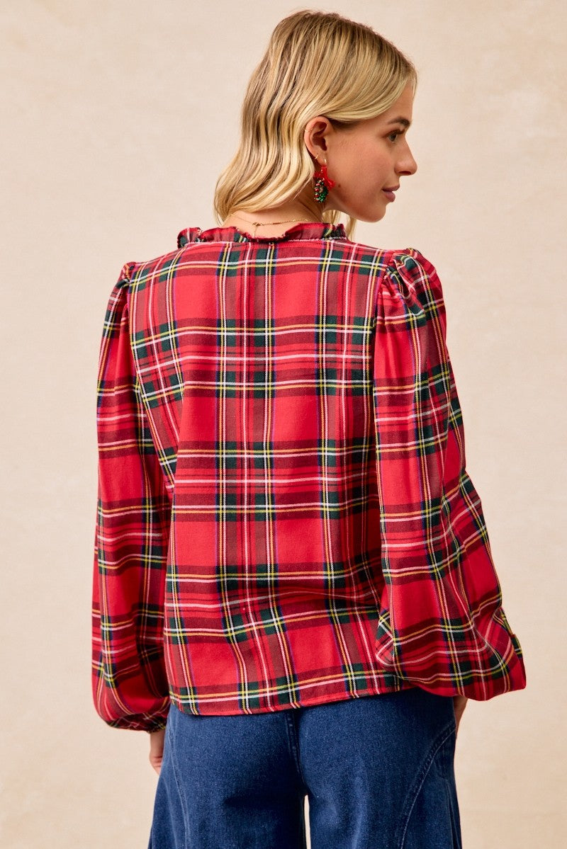 Christmas Plaid Balloon Sleeved Top