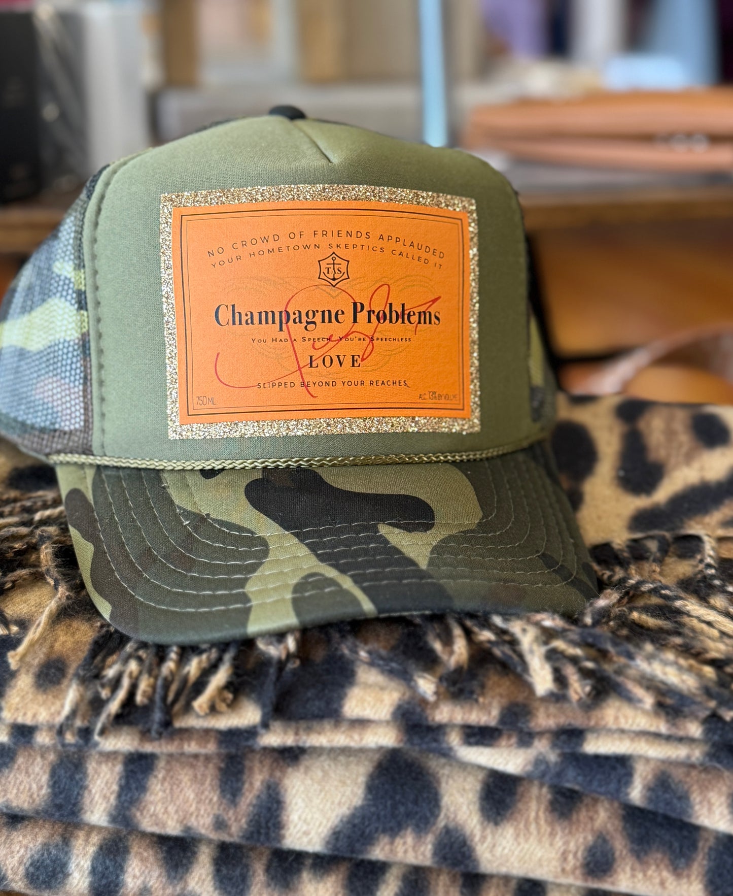 "Champagne Problems" Camo Glitter Trucker Hat