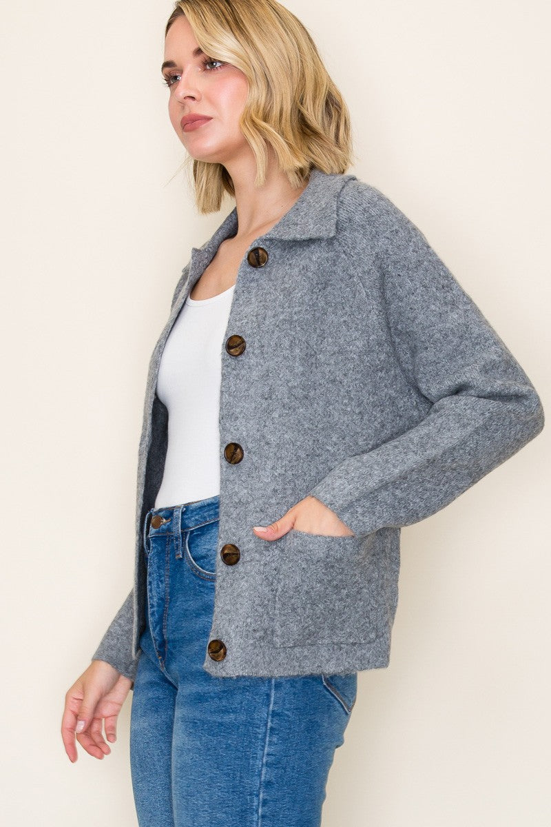 Collared Button Down Sweater Jacket