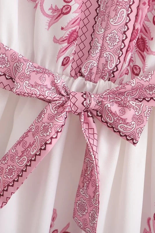 Paisley Print Long Sleeve V-Neck Belted Dress