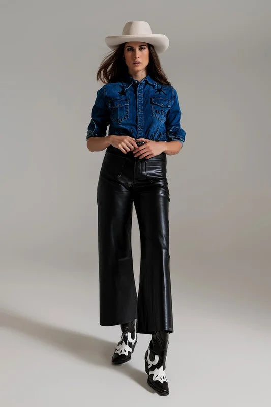 BLACK PALAZZO-STYLE FAUX LEATHER PANTS