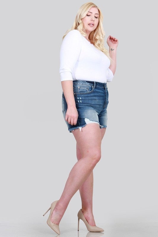 SPECIAL A DISTRESSED HIGH RISE SHORTS WITH DOUBLE BUTTON