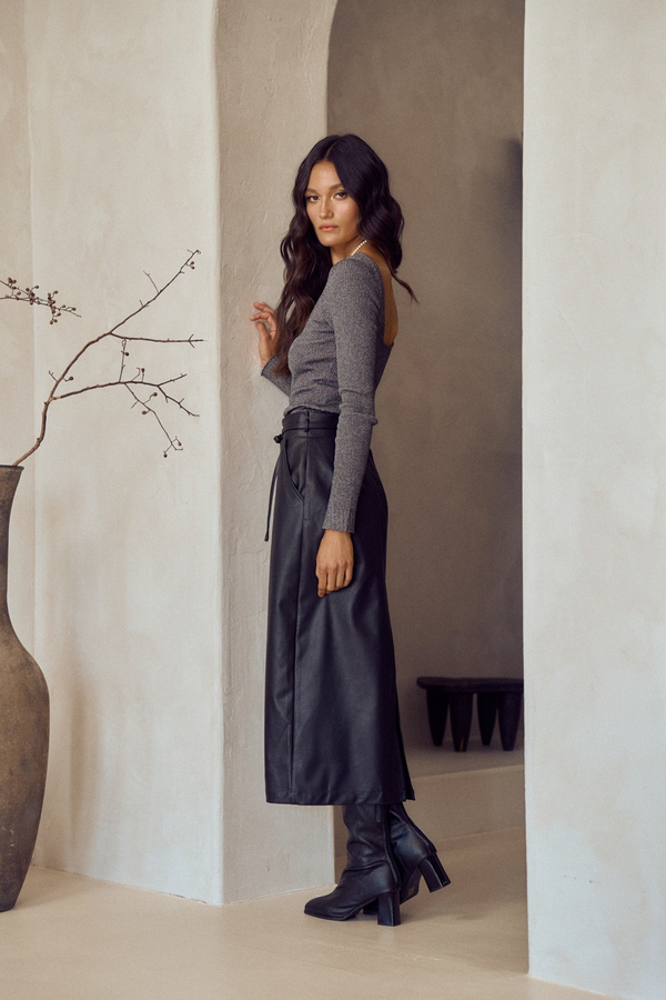 Great Escape Waist Tie Leather Midi Skirt