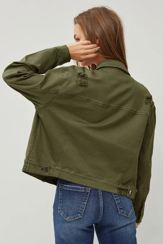 Risen Jean Boyfriend Fit Denim Olive Jacket