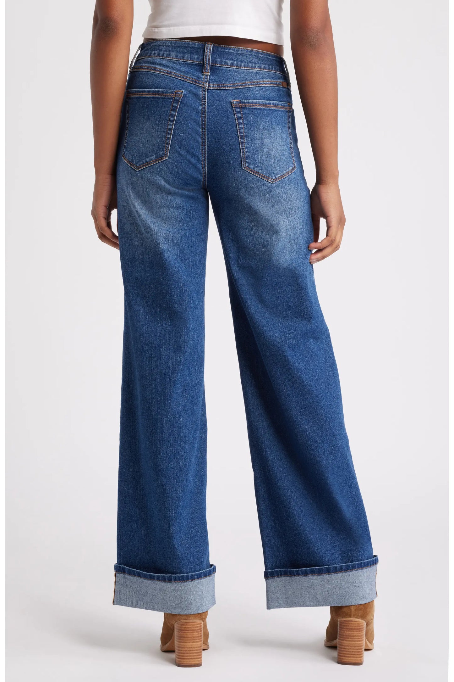 High Waist Cuff Slim Wide Leg Jeans