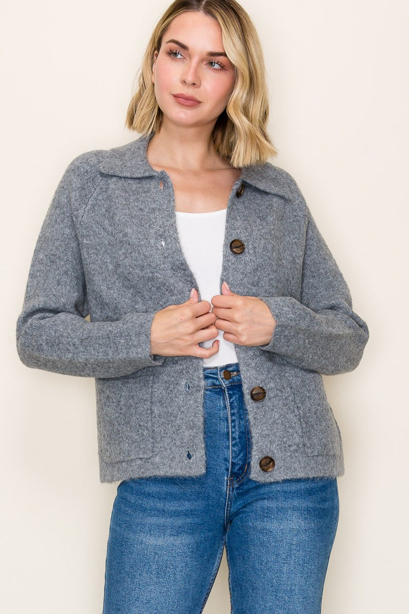 Collared Button Down Sweater Jacket
